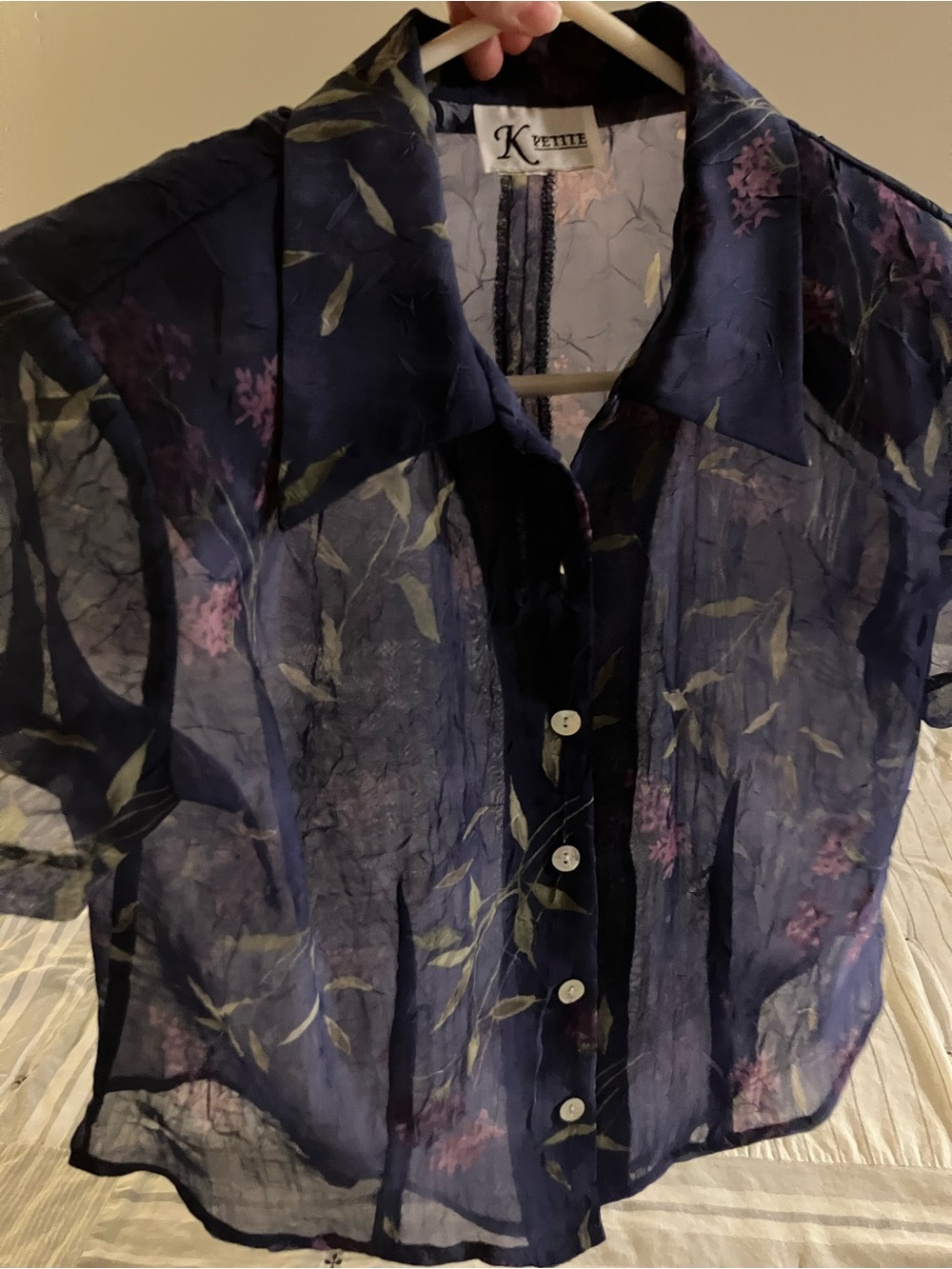 Rare Vintage KPetite Whimsical Sheer Navy Floral Button-Up Blouse